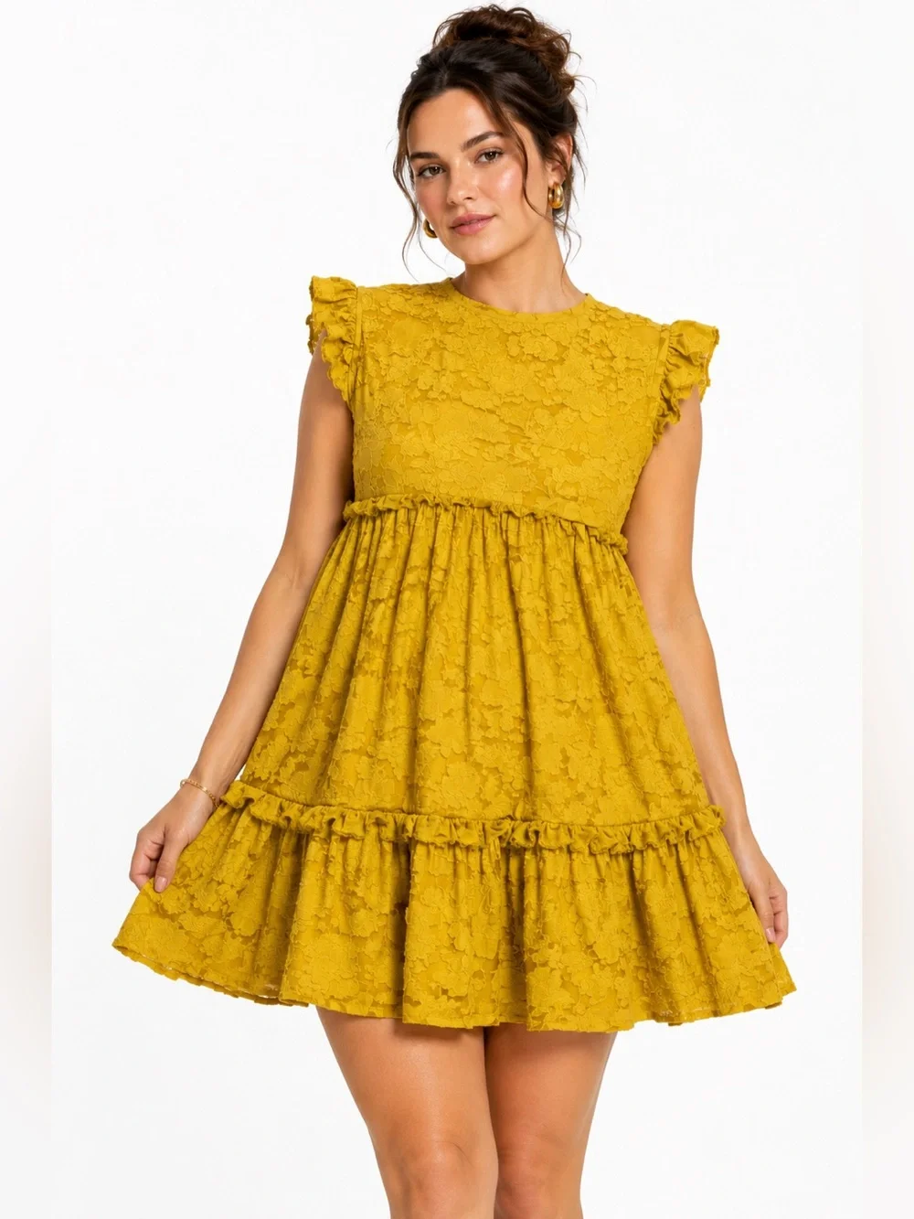 Anthropologie Ruffle Jacquard Floral Mini Dress Tie Back (Mustard Yellow) Size M